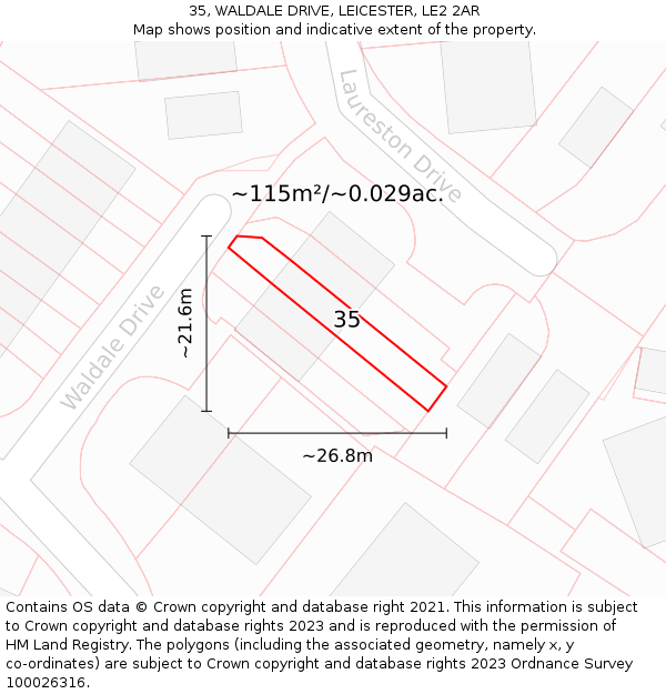 35, WALDALE DRIVE, LEICESTER, LE2 2AR: Plot and title map