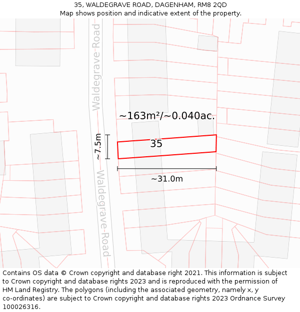 35, WALDEGRAVE ROAD, DAGENHAM, RM8 2QD: Plot and title map