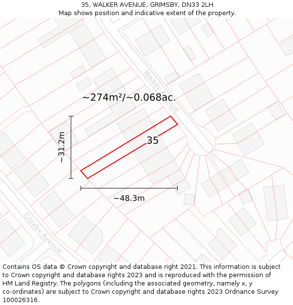 35, WALKER AVENUE, GRIMSBY, DN33 2LH: Plot and title map