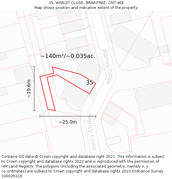 35, WARLEY CLOSE, BRAINTREE, CM7 9EE: Plot and title map