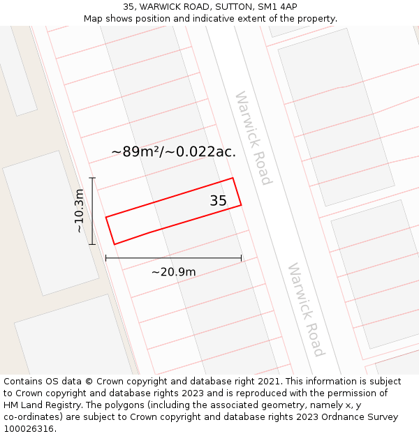 35, WARWICK ROAD, SUTTON, SM1 4AP: Plot and title map