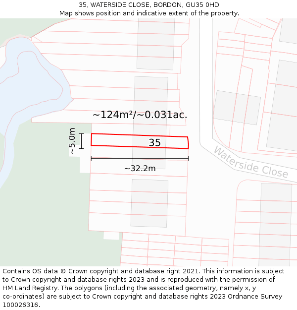 35, WATERSIDE CLOSE, BORDON, GU35 0HD: Plot and title map