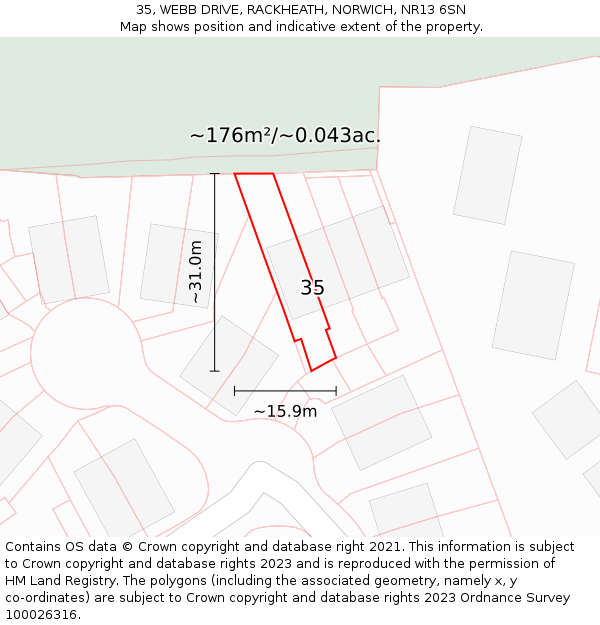 35, WEBB DRIVE, RACKHEATH, NORWICH, NR13 6SN: Plot and title map