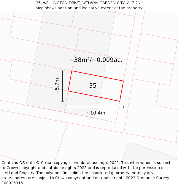 35, WELLINGTON DRIVE, WELWYN GARDEN CITY, AL7 2NL: Plot and title map