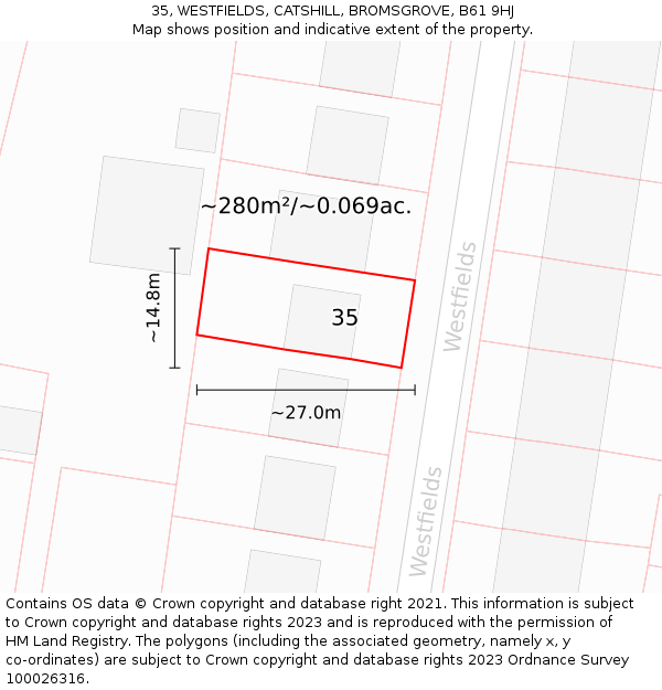 35, WESTFIELDS, CATSHILL, BROMSGROVE, B61 9HJ: Plot and title map