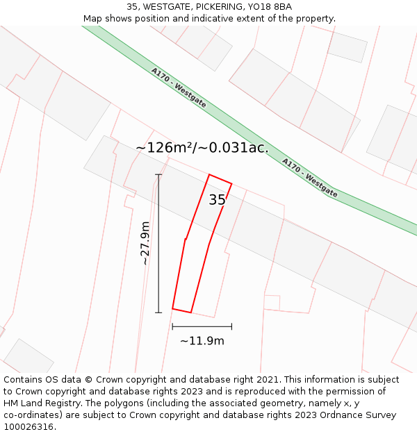 35, WESTGATE, PICKERING, YO18 8BA: Plot and title map
