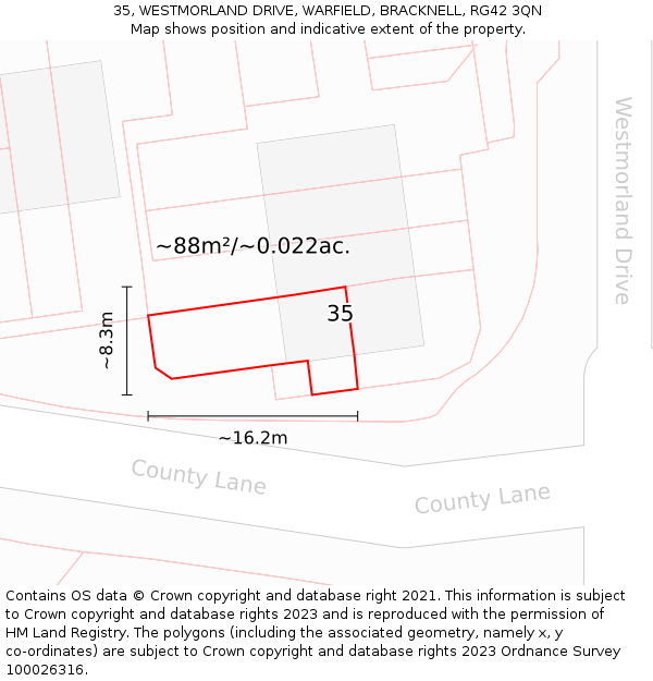 35, WESTMORLAND DRIVE, WARFIELD, BRACKNELL, RG42 3QN: Plot and title map