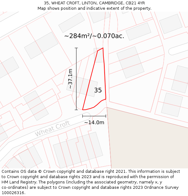 35, WHEAT CROFT, LINTON, CAMBRIDGE, CB21 4YR: Plot and title map