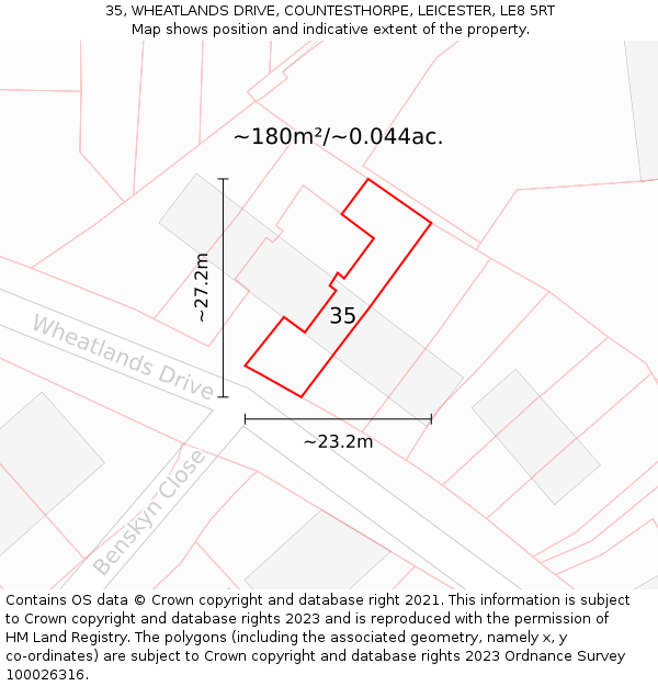 35, WHEATLANDS DRIVE, COUNTESTHORPE, LEICESTER, LE8 5RT: Plot and title map
