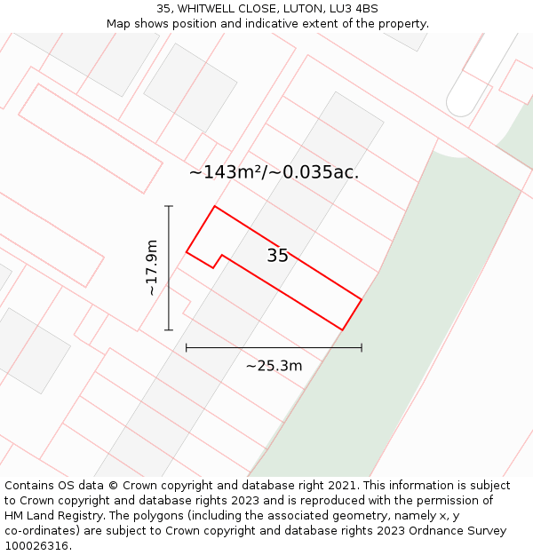 35, WHITWELL CLOSE, LUTON, LU3 4BS: Plot and title map