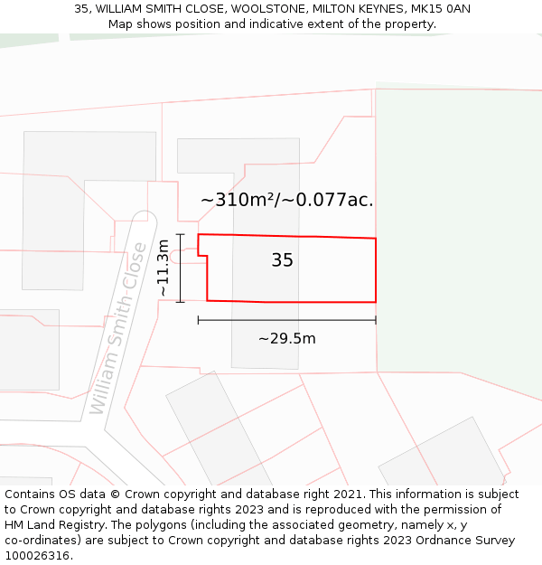 35, WILLIAM SMITH CLOSE, WOOLSTONE, MILTON KEYNES, MK15 0AN: Plot and title map