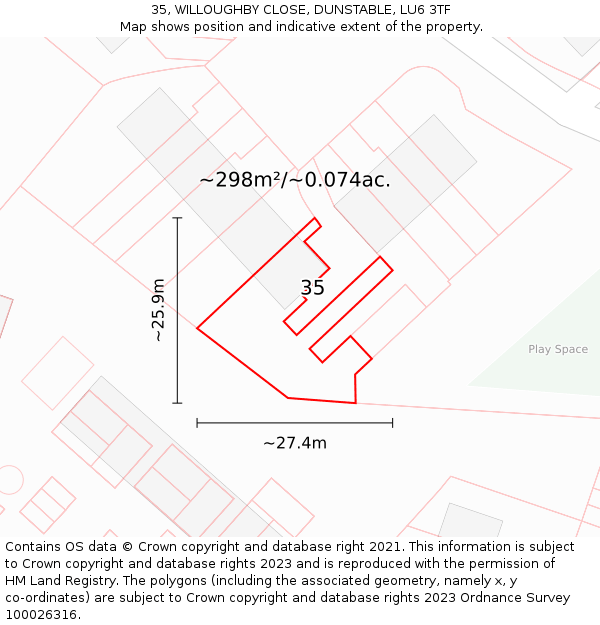 35, WILLOUGHBY CLOSE, DUNSTABLE, LU6 3TF: Plot and title map