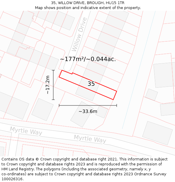 35, WILLOW DRIVE, BROUGH, HU15 1TR: Plot and title map
