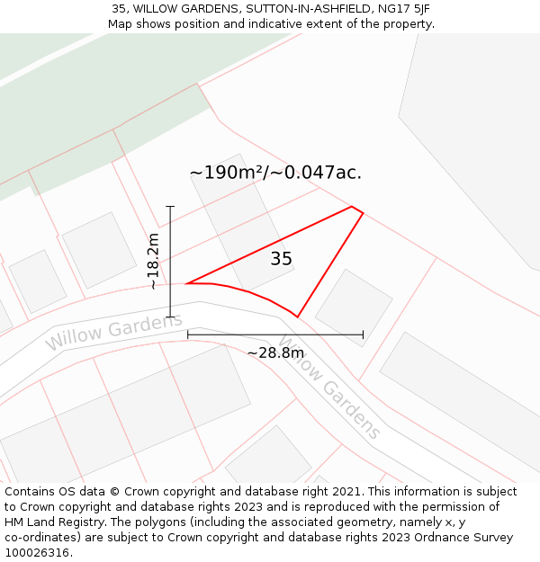 35, WILLOW GARDENS, SUTTON-IN-ASHFIELD, NG17 5JF: Plot and title map