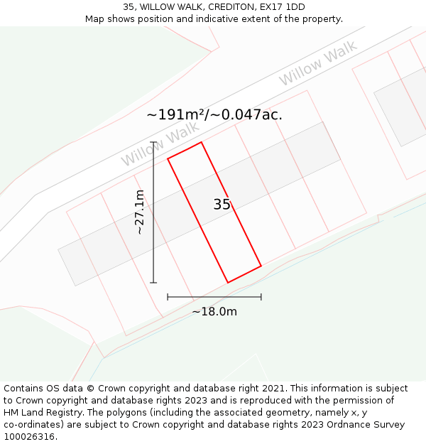 35, WILLOW WALK, CREDITON, EX17 1DD: Plot and title map