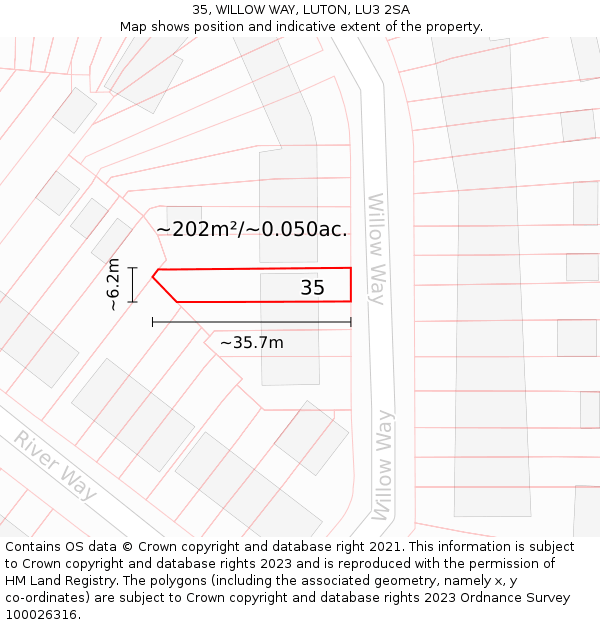 35, WILLOW WAY, LUTON, LU3 2SA: Plot and title map
