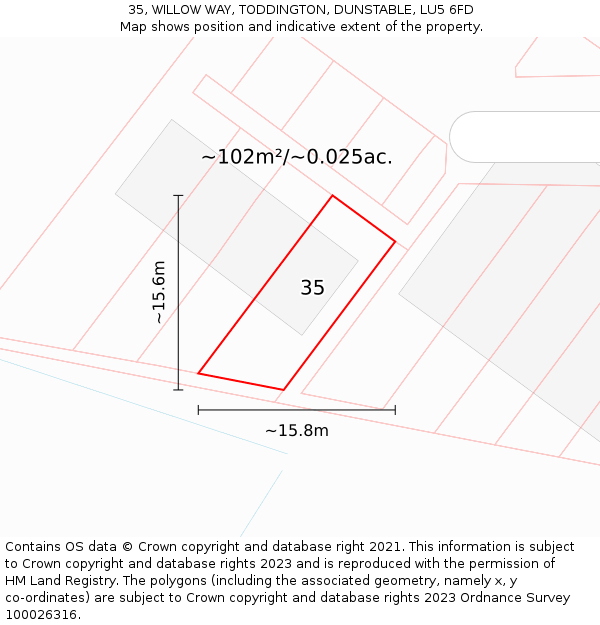 35, WILLOW WAY, TODDINGTON, DUNSTABLE, LU5 6FD: Plot and title map