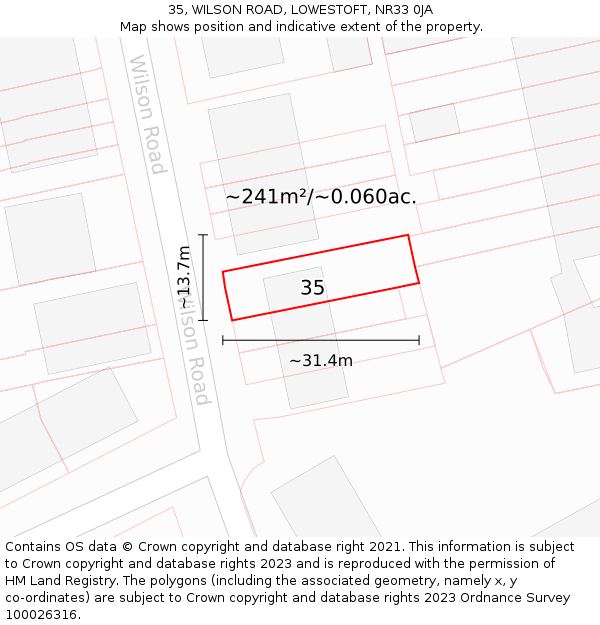 35, WILSON ROAD, LOWESTOFT, NR33 0JA: Plot and title map