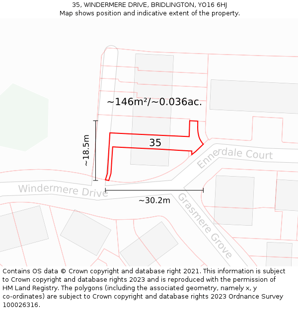 35, WINDERMERE DRIVE, BRIDLINGTON, YO16 6HJ: Plot and title map