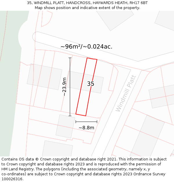 35, WINDMILL PLATT, HANDCROSS, HAYWARDS HEATH, RH17 6BT: Plot and title map