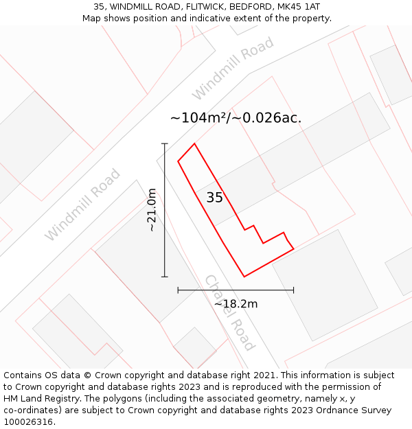 35, WINDMILL ROAD, FLITWICK, BEDFORD, MK45 1AT: Plot and title map