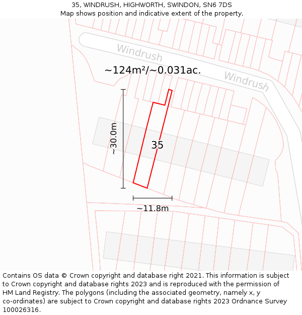 35, WINDRUSH, HIGHWORTH, SWINDON, SN6 7DS: Plot and title map