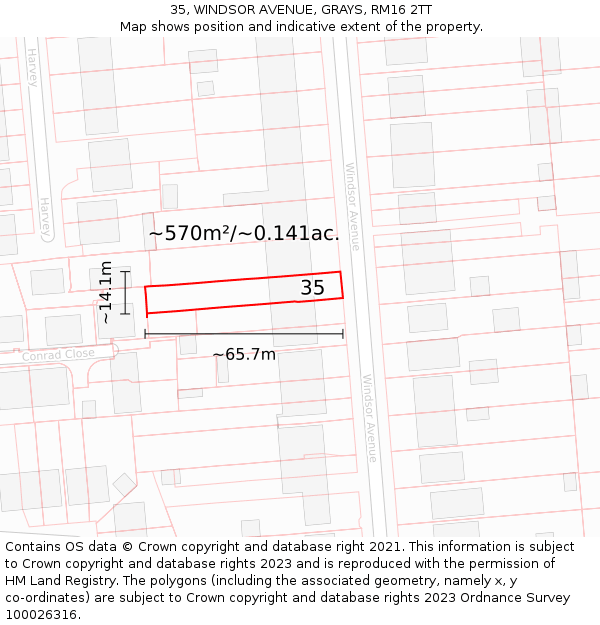 35, WINDSOR AVENUE, GRAYS, RM16 2TT: Plot and title map