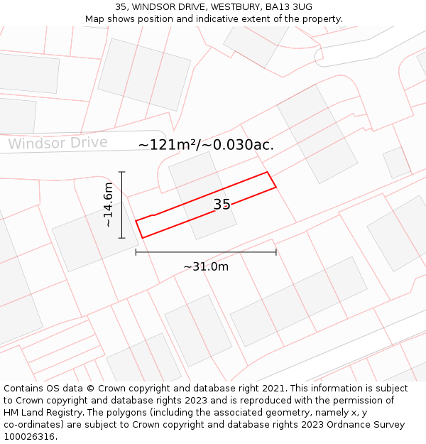 35, WINDSOR DRIVE, WESTBURY, BA13 3UG: Plot and title map