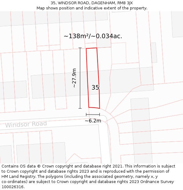 35, WINDSOR ROAD, DAGENHAM, RM8 3JX: Plot and title map