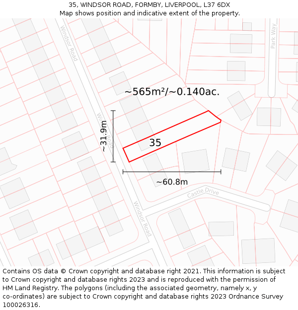 35, WINDSOR ROAD, FORMBY, LIVERPOOL, L37 6DX: Plot and title map