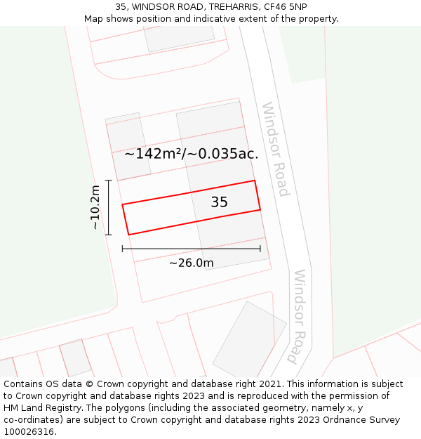 35, WINDSOR ROAD, TREHARRIS, CF46 5NP: Plot and title map