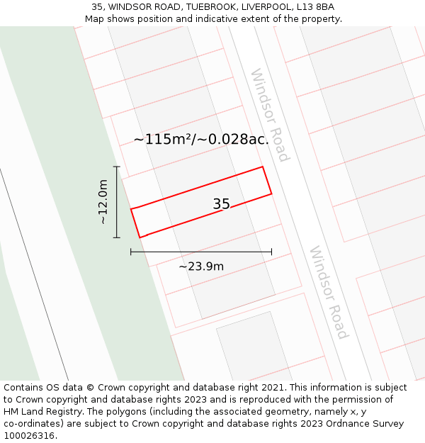 35, WINDSOR ROAD, TUEBROOK, LIVERPOOL, L13 8BA: Plot and title map