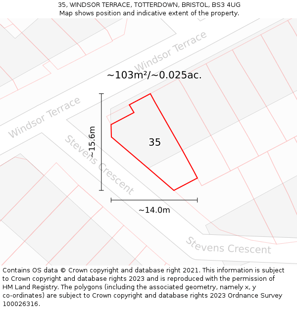 35, WINDSOR TERRACE, TOTTERDOWN, BRISTOL, BS3 4UG: Plot and title map