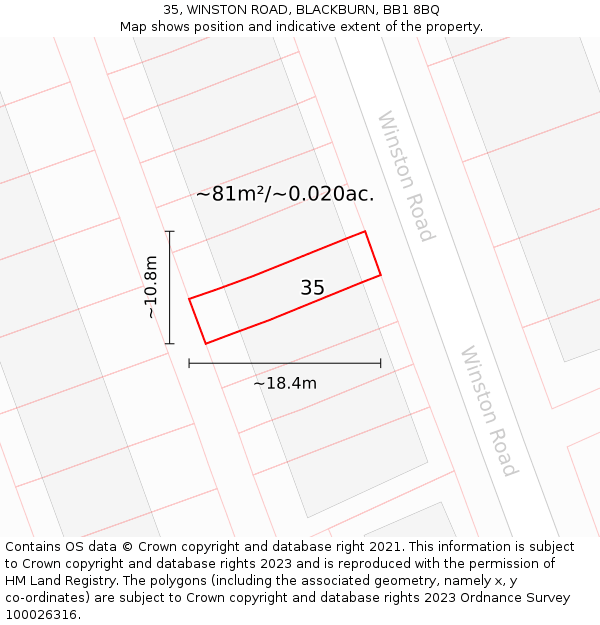 35, WINSTON ROAD, BLACKBURN, BB1 8BQ: Plot and title map