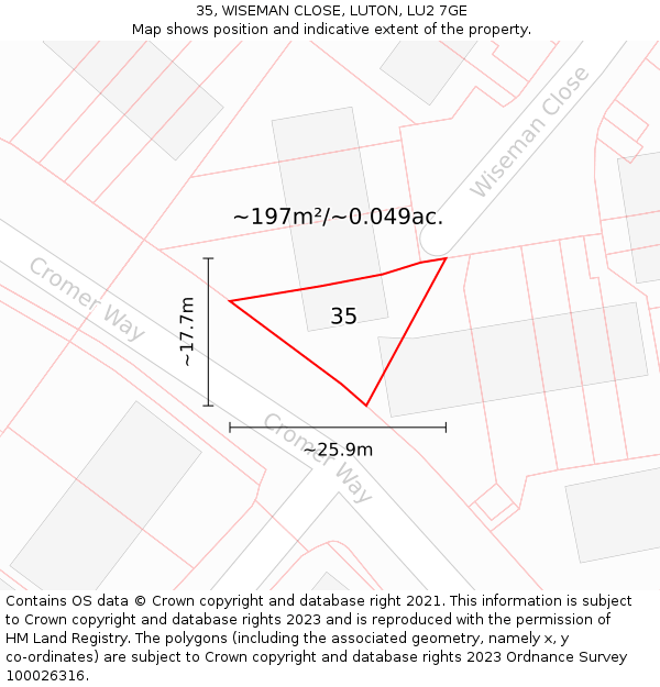 35, WISEMAN CLOSE, LUTON, LU2 7GE: Plot and title map