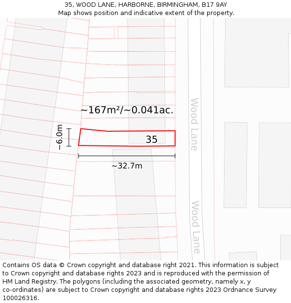 35, WOOD LANE, HARBORNE, BIRMINGHAM, B17 9AY: Plot and title map