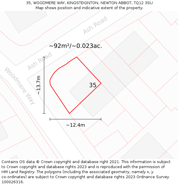 35, WOODMERE WAY, KINGSTEIGNTON, NEWTON ABBOT, TQ12 3SU: Plot and title map