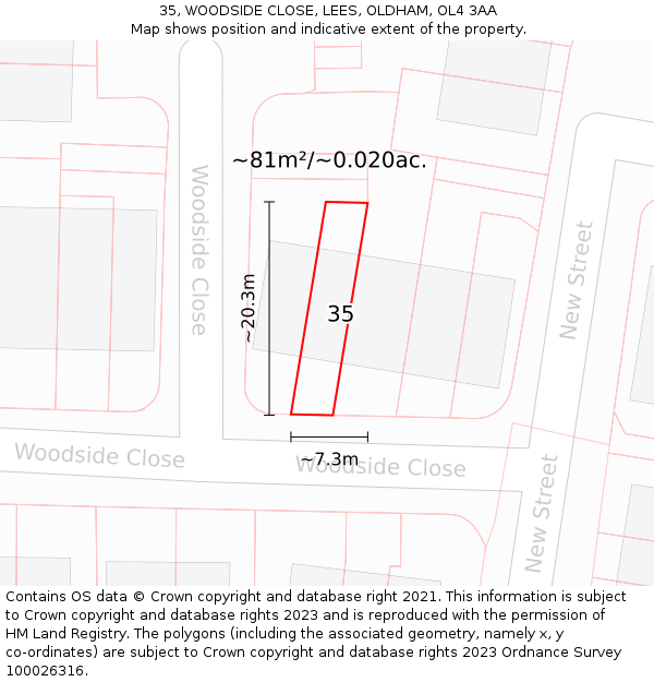 35, WOODSIDE CLOSE, LEES, OLDHAM, OL4 3AA: Plot and title map