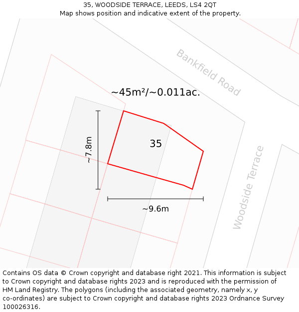 35, WOODSIDE TERRACE, LEEDS, LS4 2QT: Plot and title map