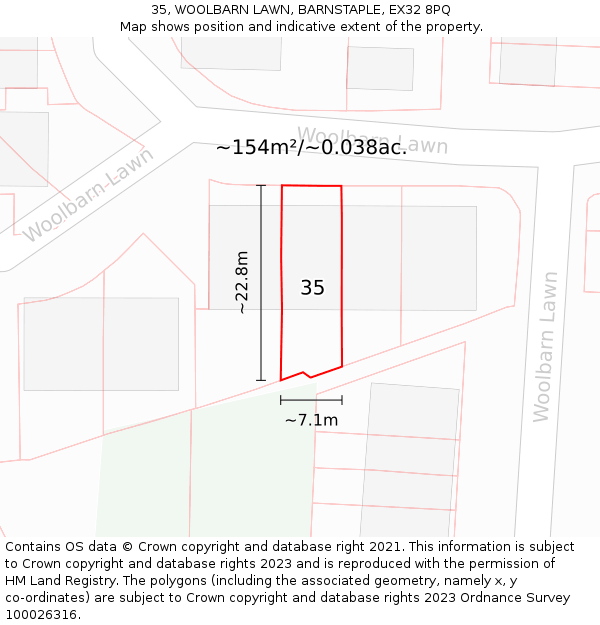 35, WOOLBARN LAWN, BARNSTAPLE, EX32 8PQ: Plot and title map