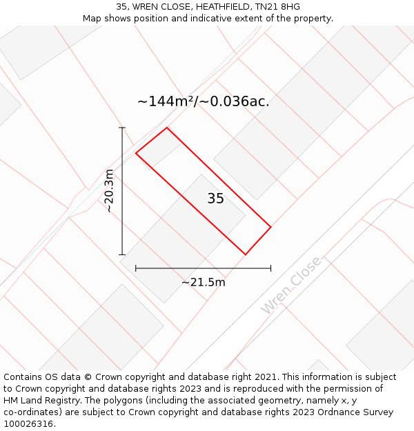 35, WREN CLOSE, HEATHFIELD, TN21 8HG: Plot and title map