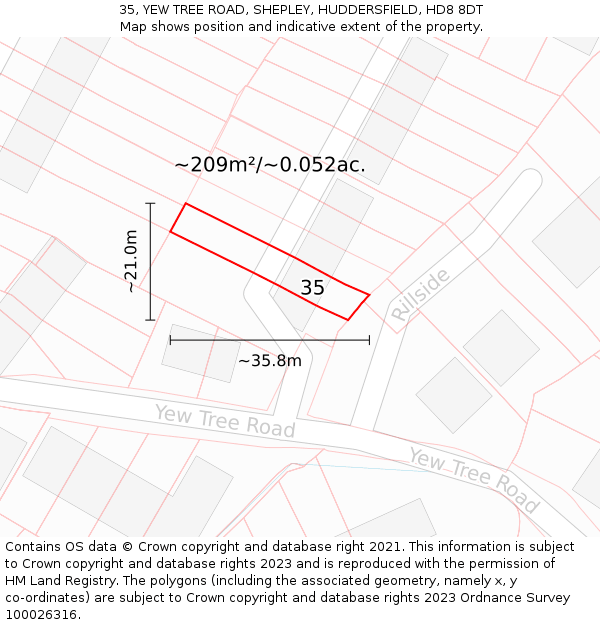 35, YEW TREE ROAD, SHEPLEY, HUDDERSFIELD, HD8 8DT: Plot and title map