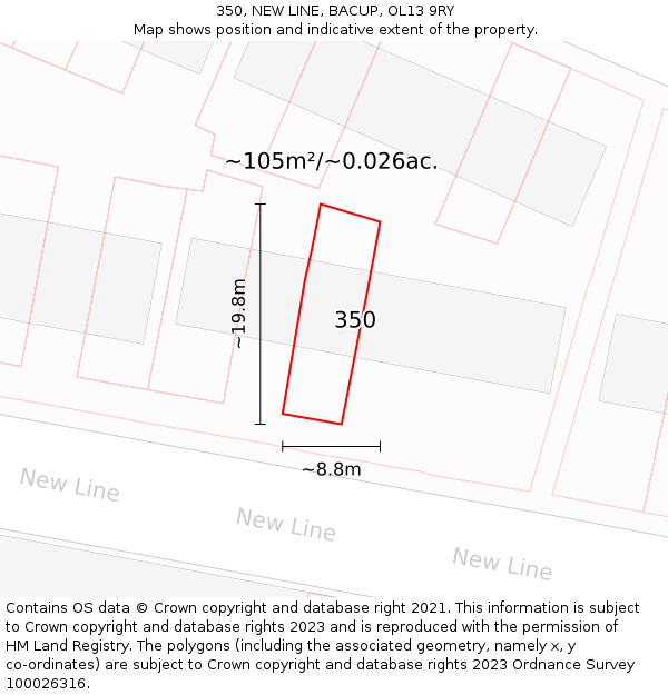 350, NEW LINE, BACUP, OL13 9RY: Plot and title map