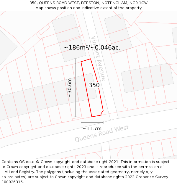 350, QUEENS ROAD WEST, BEESTON, NOTTINGHAM, NG9 1GW: Plot and title map