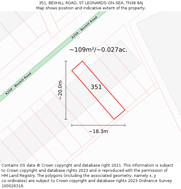 351, BEXHILL ROAD, ST LEONARDS-ON-SEA, TN38 8AJ: Plot and title map
