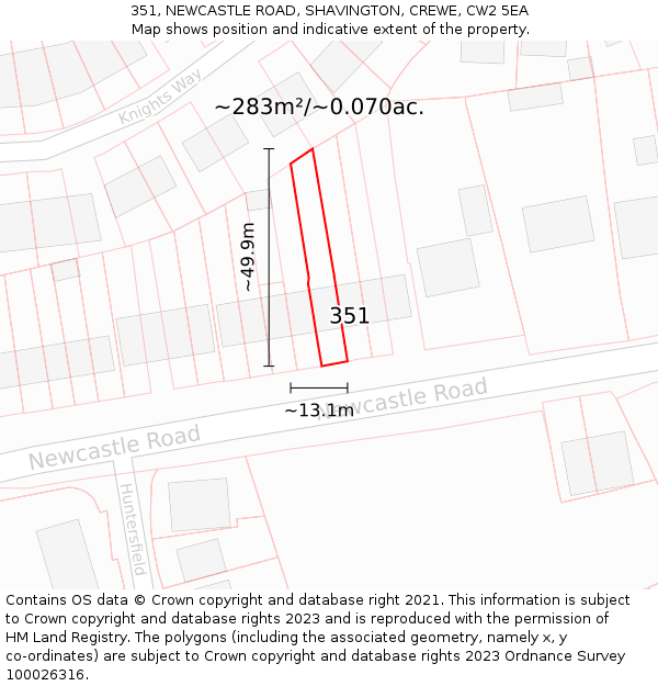 351, NEWCASTLE ROAD, SHAVINGTON, CREWE, CW2 5EA: Plot and title map