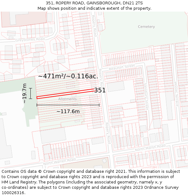 351, ROPERY ROAD, GAINSBOROUGH, DN21 2TS: Plot and title map