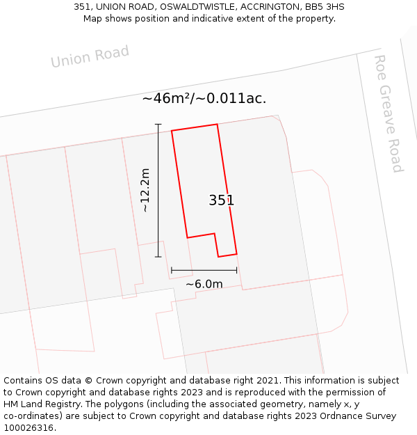 351, UNION ROAD, OSWALDTWISTLE, ACCRINGTON, BB5 3HS: Plot and title map