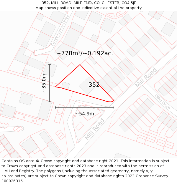 352, MILL ROAD, MILE END, COLCHESTER, CO4 5JF: Plot and title map