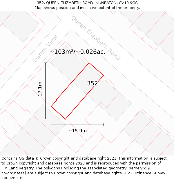 352, QUEEN ELIZABETH ROAD, NUNEATON, CV10 9GS: Plot and title map